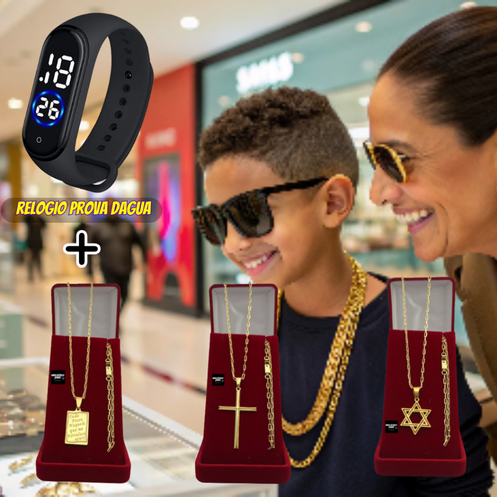 Conjunto Infantil Menino Estiloso 2mm Conjunto Infantil Menino + Pingente Banhado Ouro + Pulseira +  Relógio Digital LED