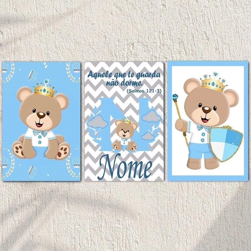 Kit 3 Quadros Ursinho Principe Personalizado Azul Para Quarto de Bebê em Oferta na Shopee