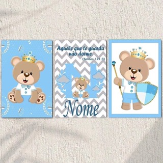 Kit 3 Quadros Ursinho Principe Personalizado Azul Para Quarto de Bebê em Oferta na Shopee