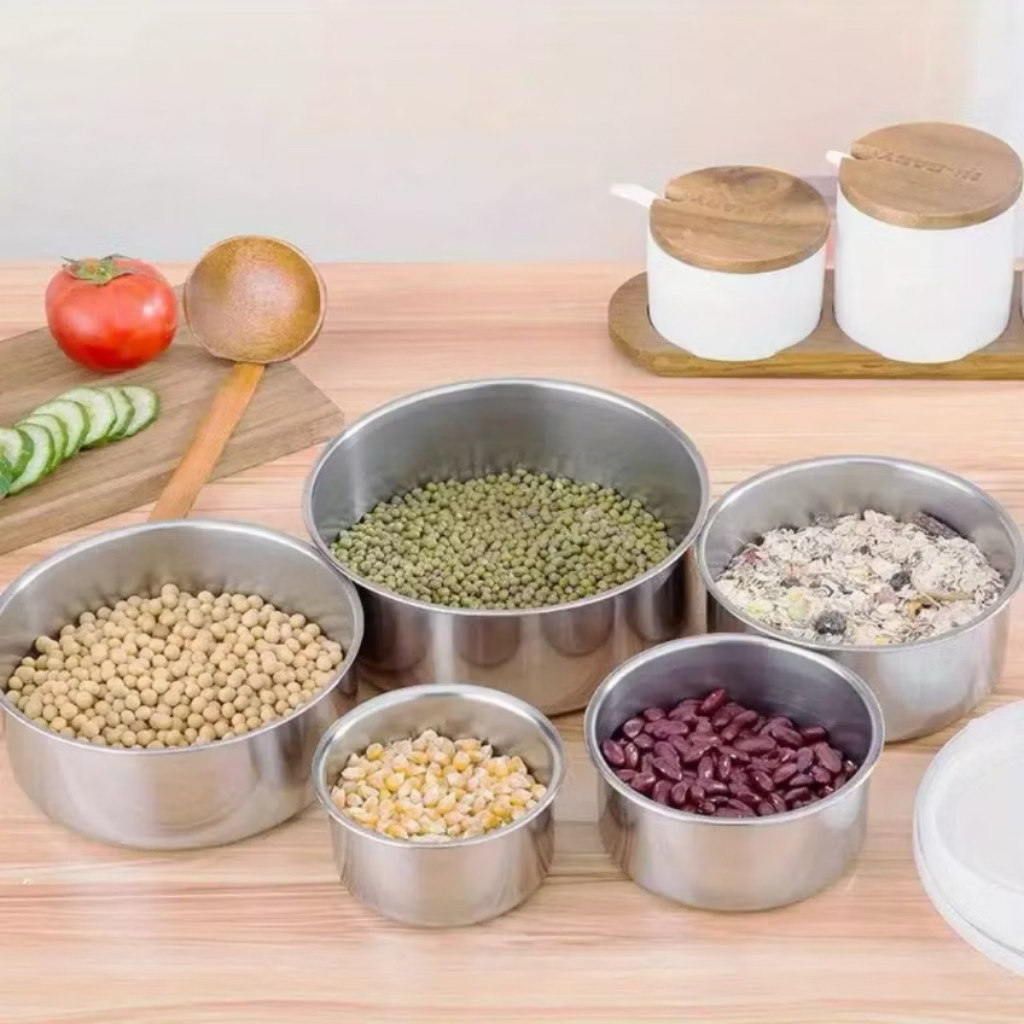 Jogo com 5 Potes Tigelas em Inox Alumínio Com Tampa Redondo Facilida Dia a Dia