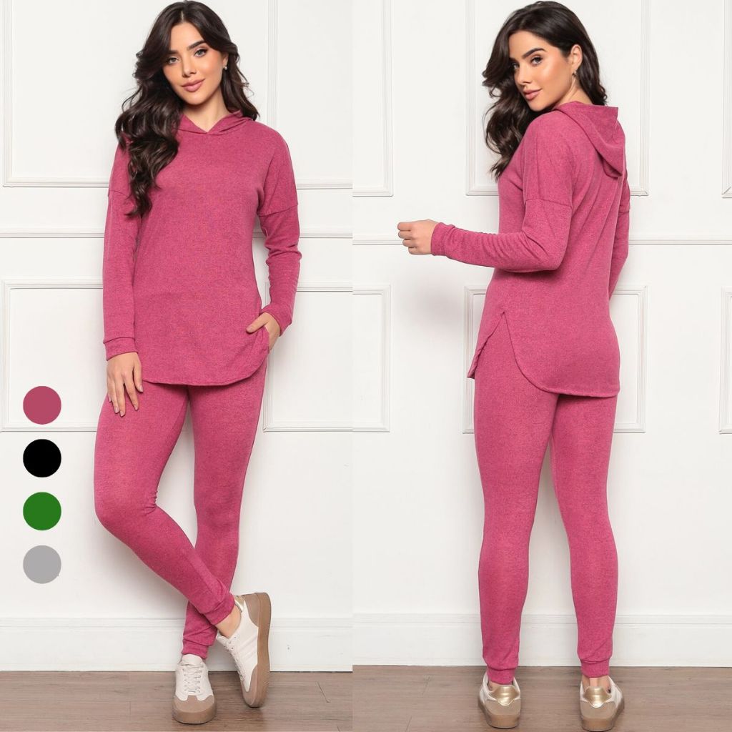 Conjunto Lãzinha Feminino Inverno  Calça e Blusa com Capuz Lanzinha Frio Quentinho Abrigo ...