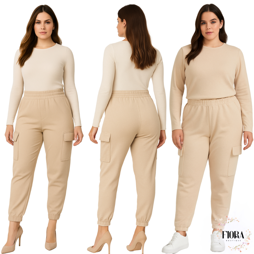 Calça Moletom Feminino Jogger Cargo do 36 ao 50 Plus Size Flanelada Cintura Alta Quentinha Inverno