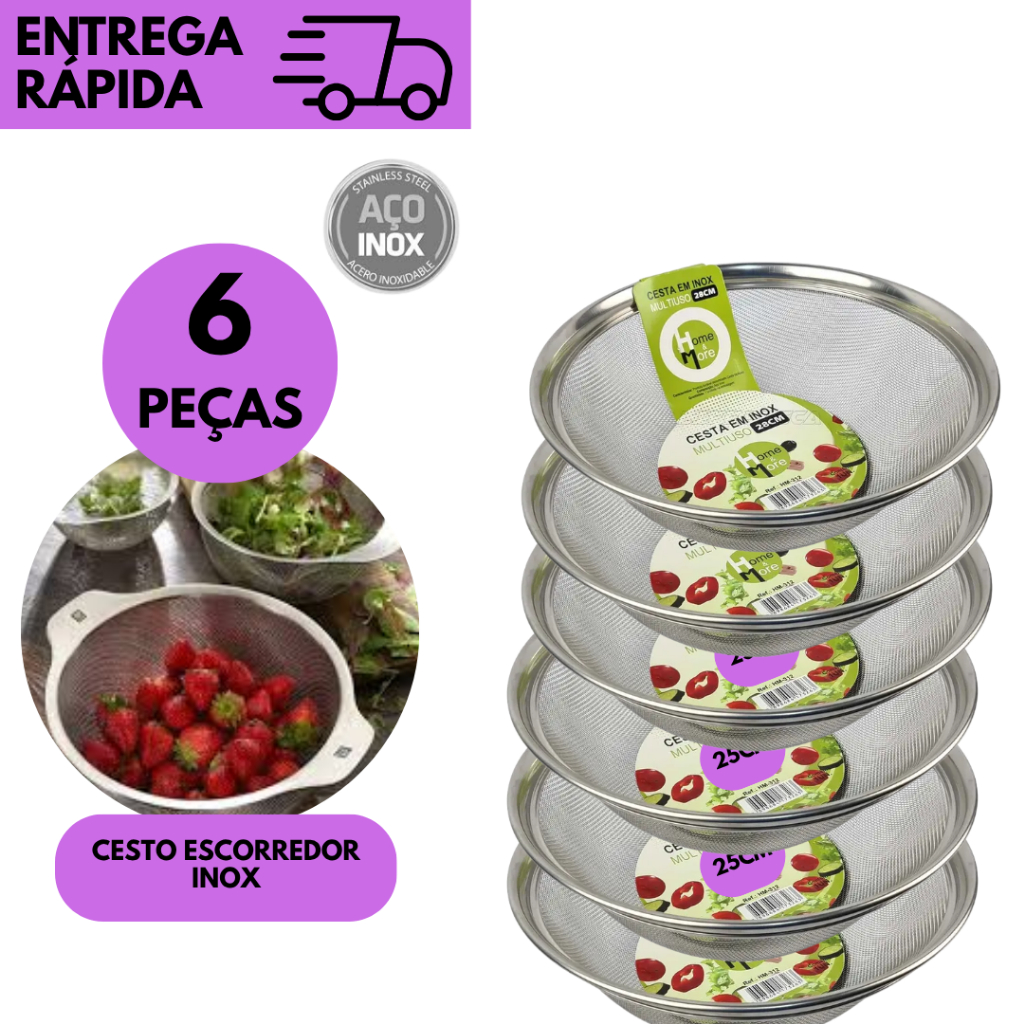 Kits 6 ou 3 Cesta Escorredor de Inox 25cm Cozinha Multiuso Peneira sem Alça Macarrão Frutas Legumes