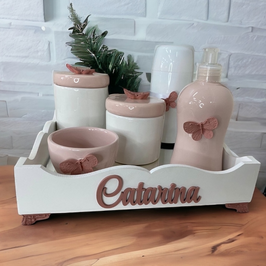 Kit higiene  cerâmica louça colorida com borboleta e nome