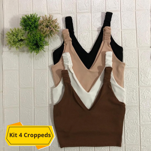 Kit 4 Cropped  Feminino Ribana Canelada Gola V Alça sanfonada Forro Duplo Básico Verão Elegante