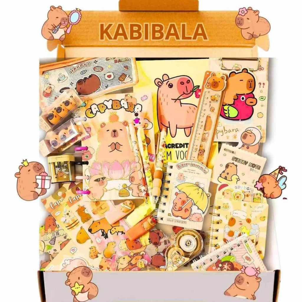 Kit Papelaria Kawai Capivara 14 Itens Caneta Adesivo Caderno Apontador Régua Borracha Post-it Criativo Presente Fofo