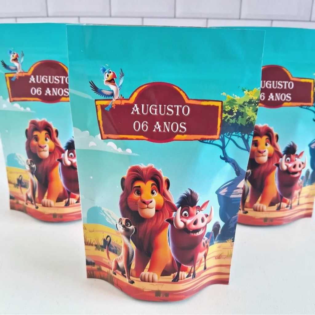SAQUINHO METALIZADO PERSONALIZADO PARA LEMBRANCINHA ANIVERSÁRIO FESTA INFANTIL TEMA O REI LEÃO / A GUARDA DO LEÃO
