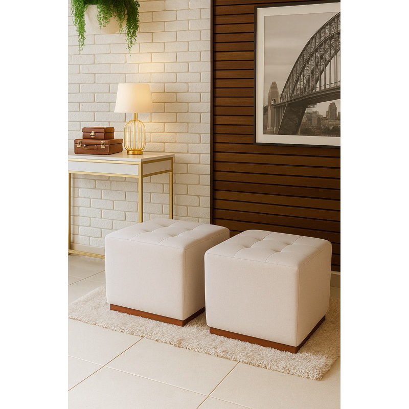 kit com 2 puff  quadrado decorativo  tecido bouclé  base de madeira  envernizado quarto sala descanso de pé envio rápido