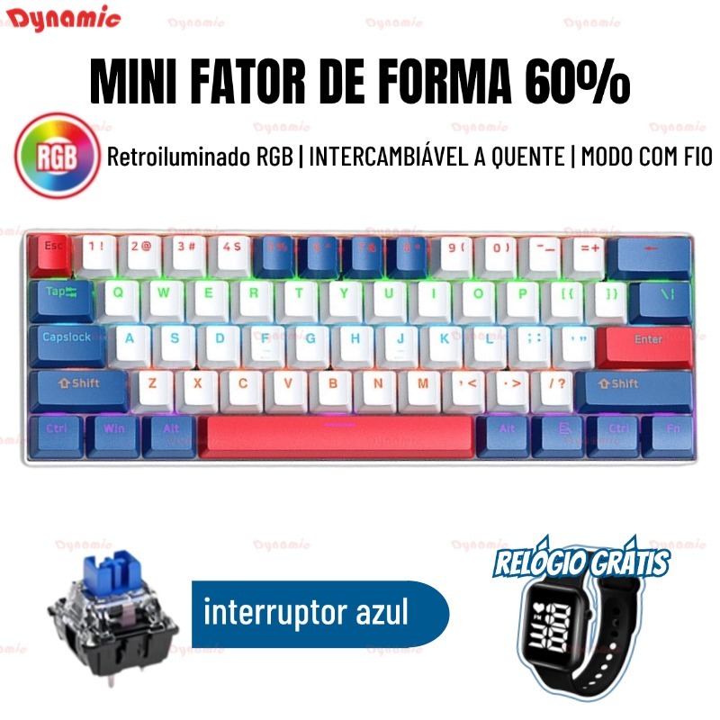 Teclado Mecânico 60 % Teclas Com Fio RGB Retroiluminado Para Jogos Interruptor azul RGB