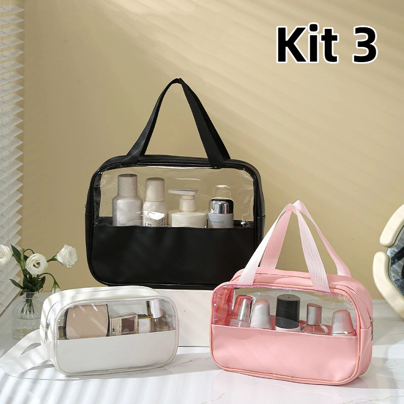 Kit 3 Necessaire de Viagem Transparente em PVC - Impermeável, Espaçoso e Prático para Cosméticos em Oferta na Shopee