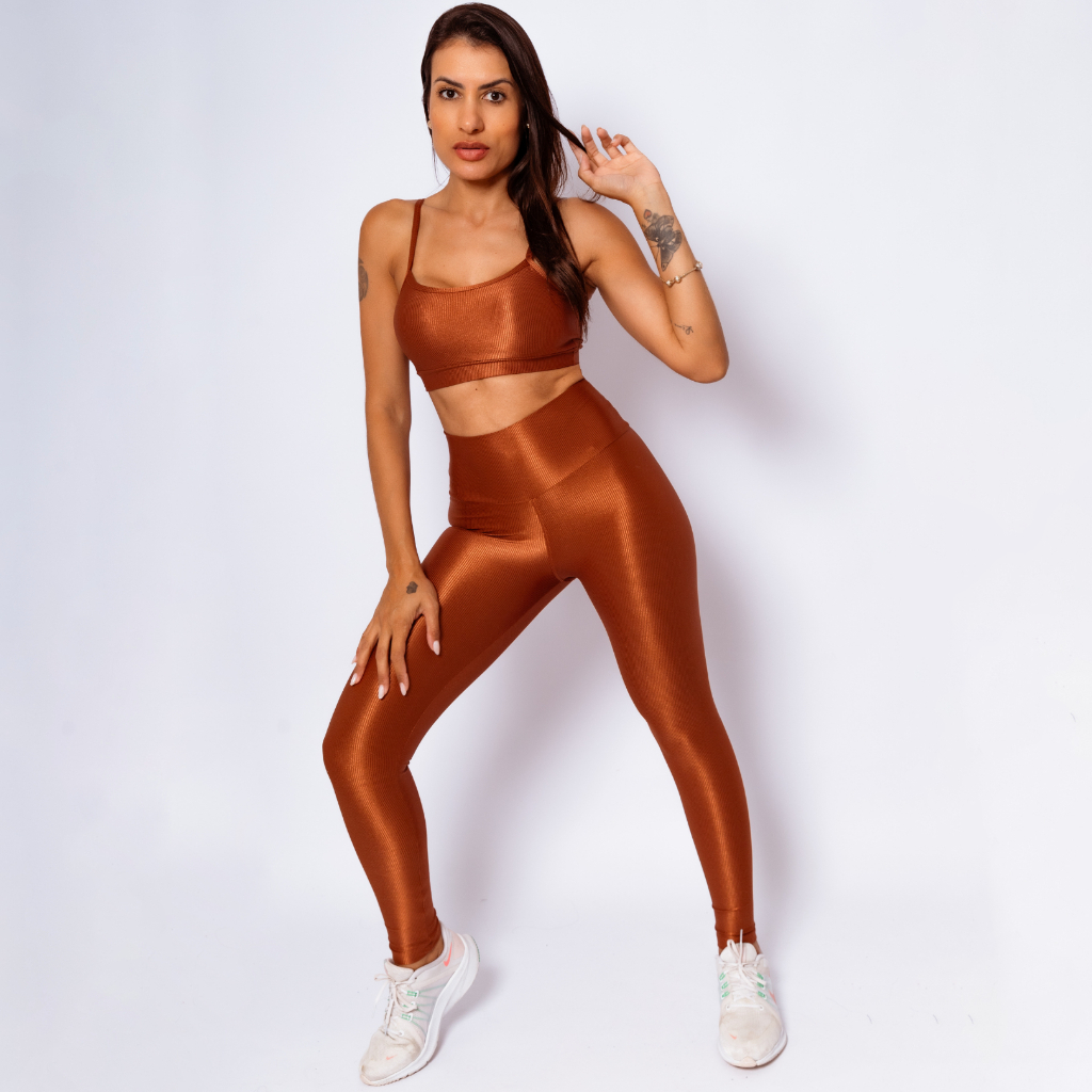 Conjunto Top + Legging Canelado Top Com Bojo Removível Costura Reforçada Academia Poliamid...