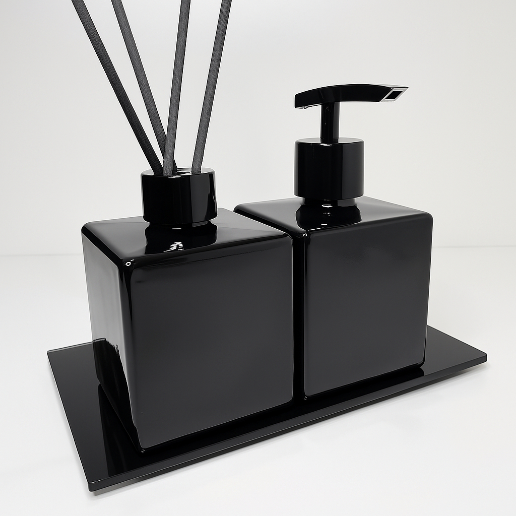 Kit Lavabo Preto Brilhante Difusor e Sabonete C/ Bandeja para Banheiro