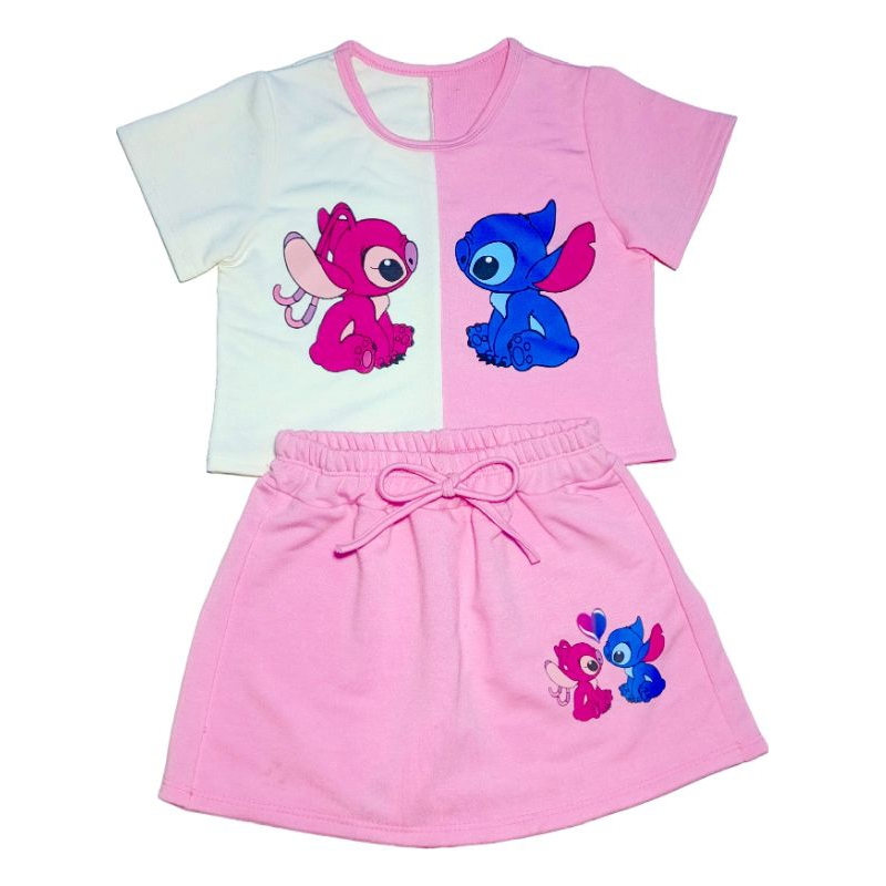 Conjunto Infantil Menina Stitch e Angel – Blusa Bicolor + Short Saia – Dupla Estampa Divertida em Oferta na Shopee