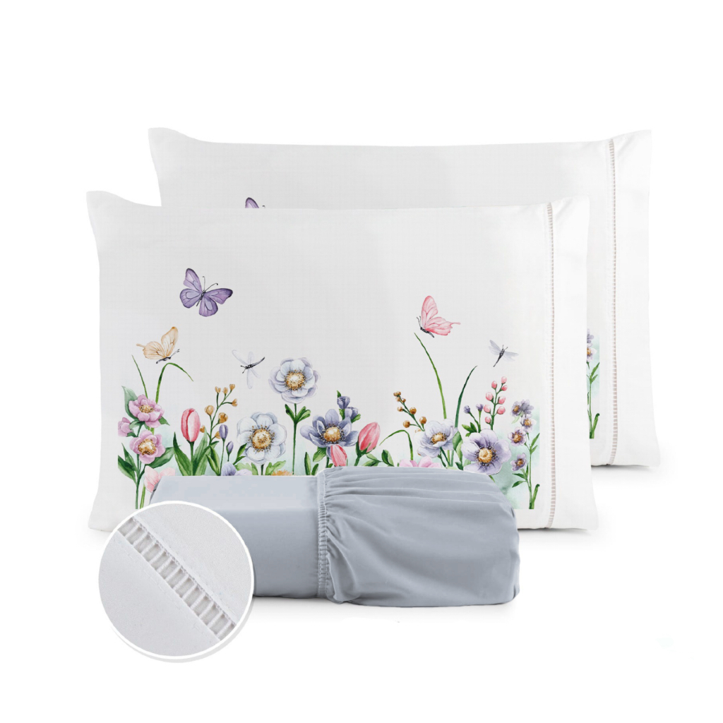 Kit Jogo de Lençol Solteiro Fronha Estampada Micropercal 400 Fios Ponto Palito - Borboletas