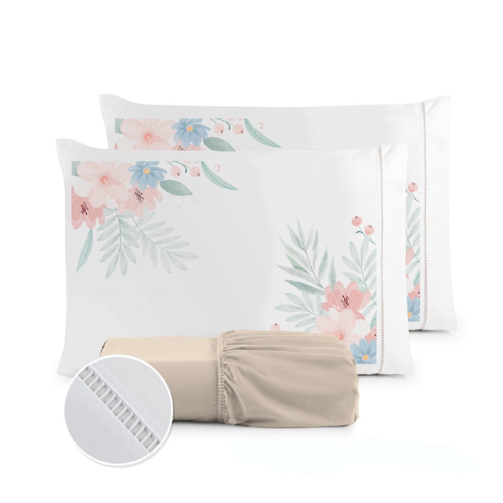 Kit Jogo de Lençol Solteiro Fronha Estampada Micropercal 400 Fios Ponto Palito - Flor Rosa NOVAS ESTAMPAS