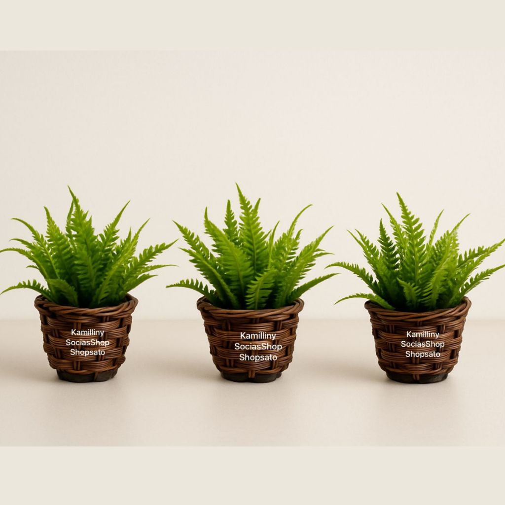 3 Arranjos Vasinhos Vime 5cm Decorativos + 3 Ramos Pick Samambaia Planta Artificial Realis...