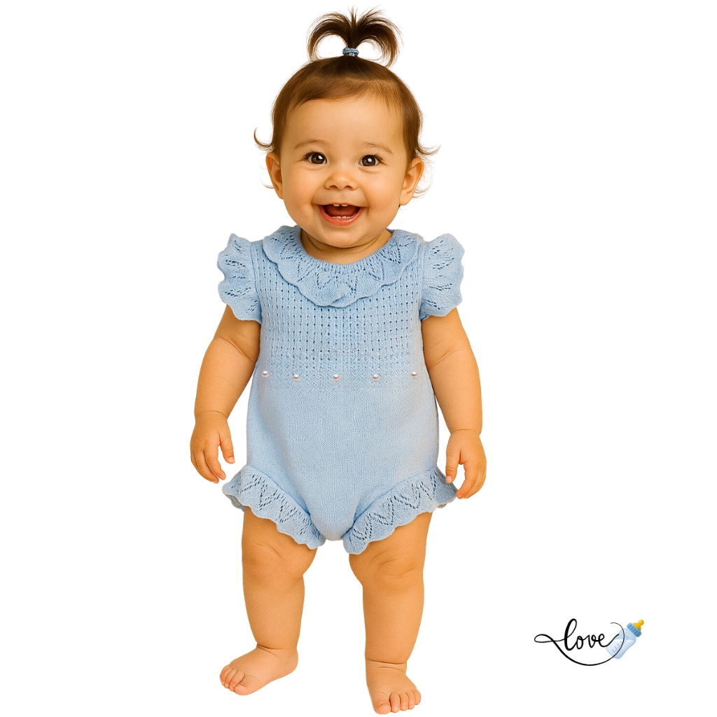 Romper Macaquinho Pérolas Tricô Vestido saia Jardineira body Bebê enxoval Maternidade Azul Lavanda