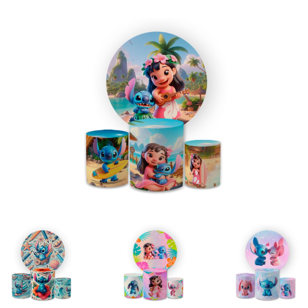 Kit Capa Painel Redondo 1,5 + Trio Cilindros Decoração Tecido Sublimado Decoração Tema Lil...