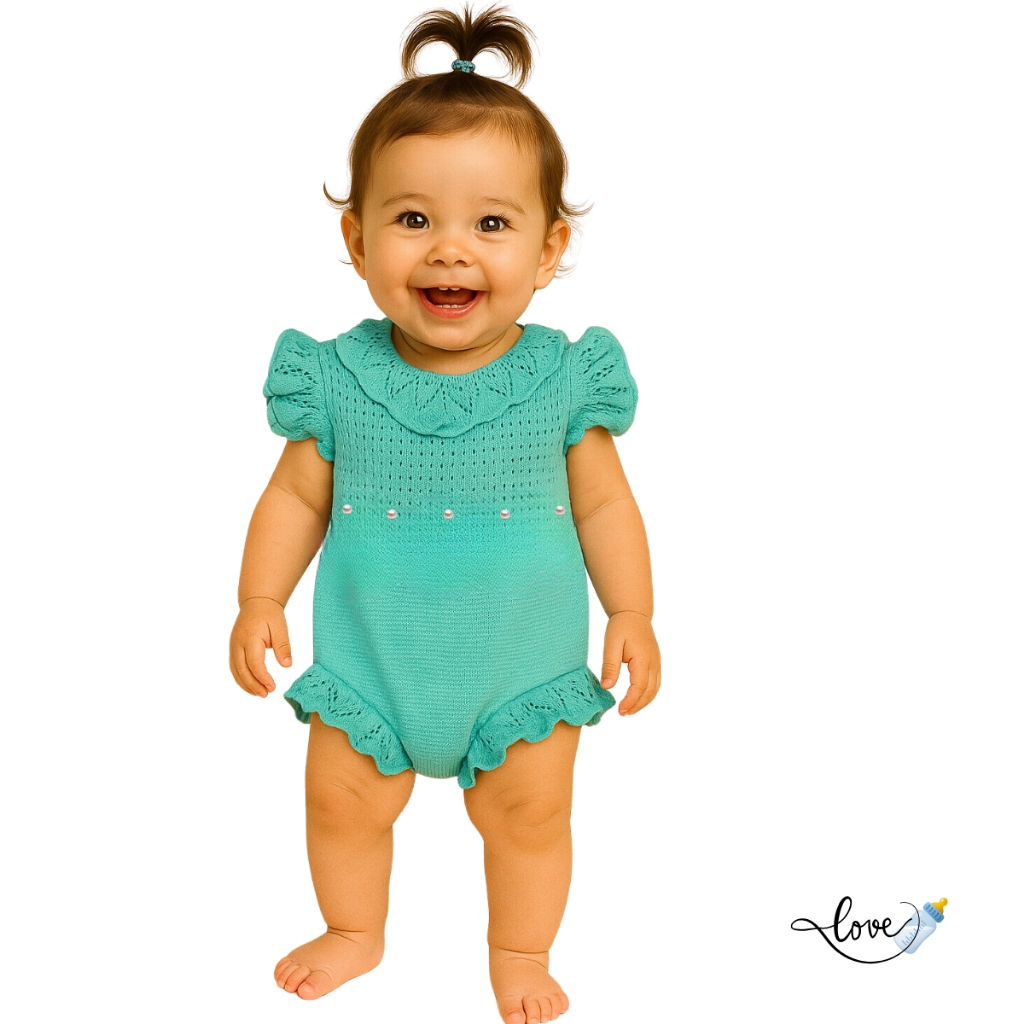 Romper Macaquinho Pérolas Tricô Vestido saia Jardineira body Bebê enxoval Maternidade Jade