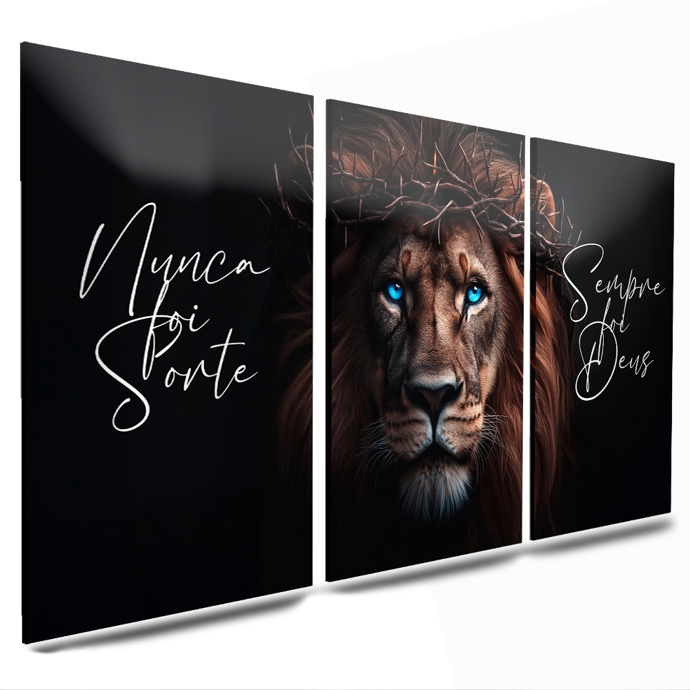 kit quadros decorativo grande sala leão coroa frases nunca foi sorte 120x60
