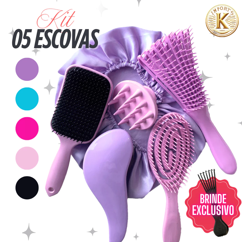 Kit 5 Escovas de Cabelo  + Touca de Cetim – Raquete Fashion, Mágica, Polvo, Massageadora de Silicone — imagem 1