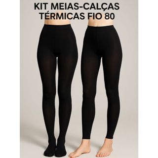 Kit 2 Meias-Calça Térmica Preta Peluciada Fio 80 Com Pé e Sem Pé Calça Segunda Pele em Oferta na Shopee
