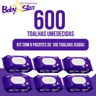 Caixa com 6 Lenços/Toalhas Umedecidas Baby Star Roxa c/ 100 Unidades Cada – Tampa FlipTop em Oferta na Shopee