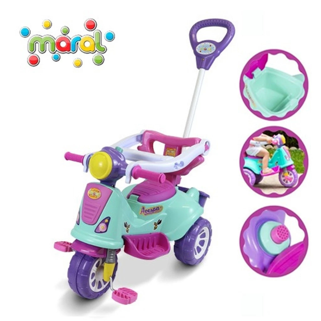Carrinho de Passeio Triciclo Avespa Motoca com Pedal Apoio de pé e Haste Empurrador Infantil Maral em Oferta na Shopee