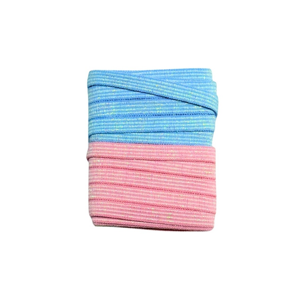 Kit Elástico Lurex Glitter 7mm Bicolor Rosa Bebê e Azul Bebê 4m Encadernação Agenda Planner Scrapbook DIY - Ref. BI001
