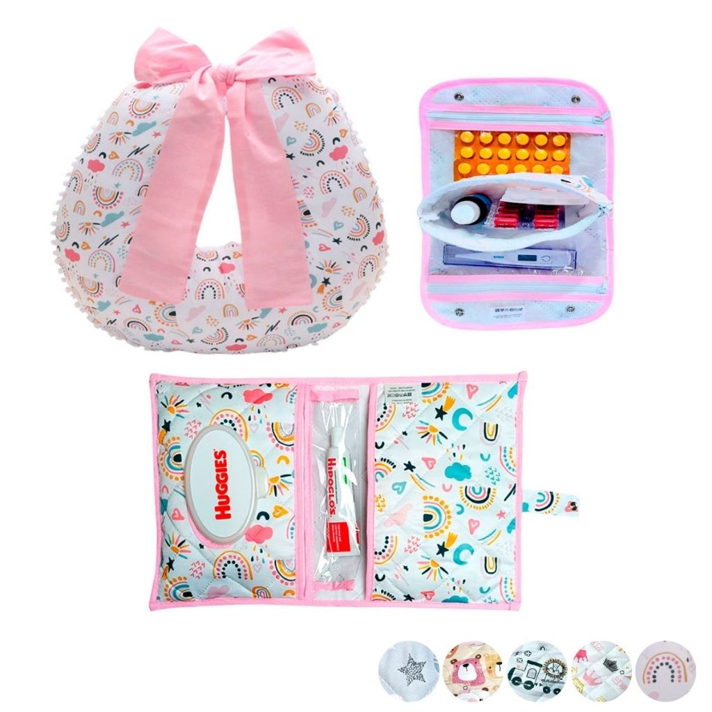 Necessaire Porta Remédios Portátil + Porta Fraldas, lenço Umedecido e Pomada + Almofada Amamentação Para Bebê