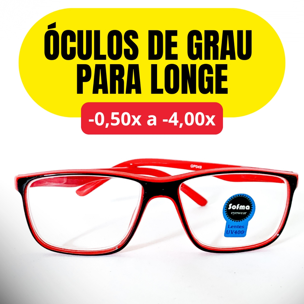Óculos de Grau Miopia Visão Longe com Lente Pronta -0.50 a -4,00 Unissex Leve Confortável Vermelho e Várias Cores