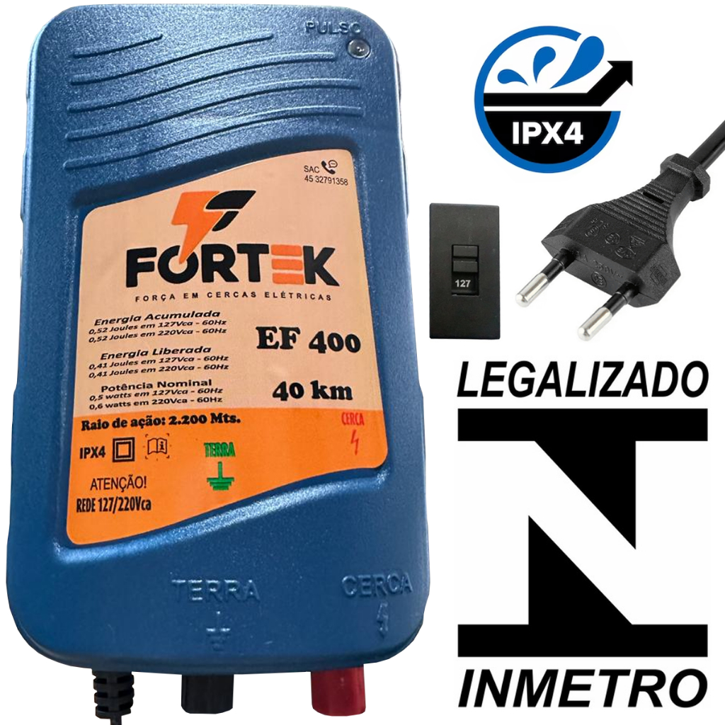 Aparelho De Choque Elétrico Eletrificador Cerca Rural Fortek EF400 40Km De Cerca Elétrica Fazenda