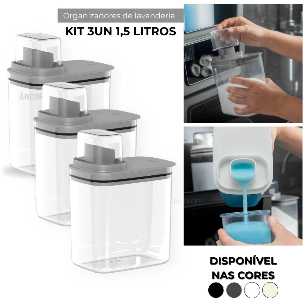 Kit 3 Dispenser Organizador de Lavanderia 1,5L Medidor Hermético Porta Sabão Liquido Amaci...