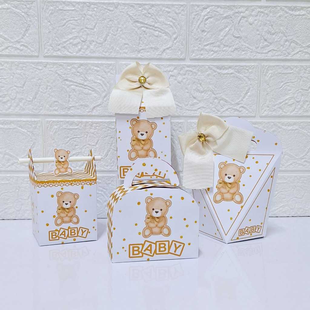 Kit Caixinhas Personalizadas CHÁ REVELAÇÃO  Festas Mimos Lembrancinhas Decoração Dourado e Branco
