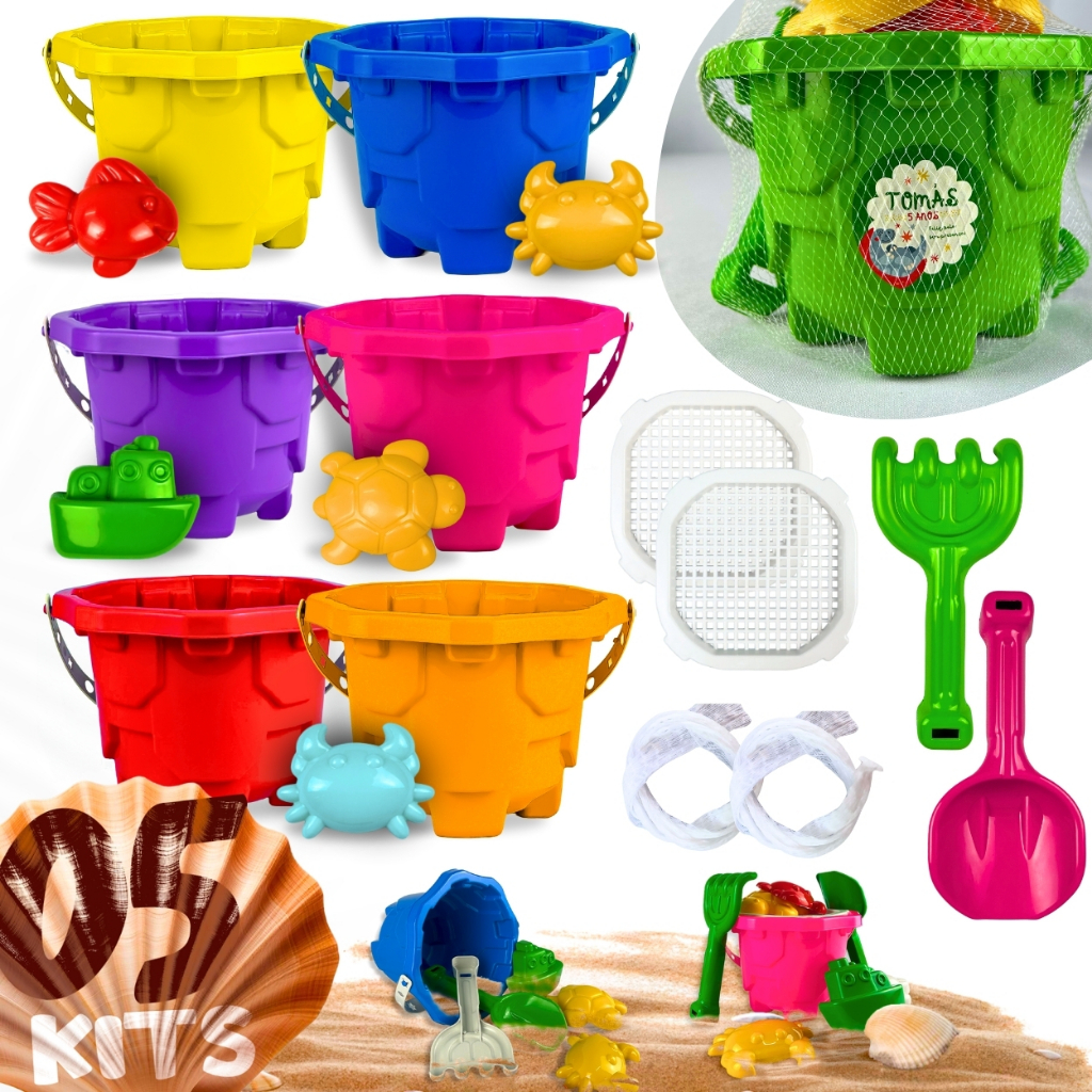 Kit 05 Balde de Areia Castelinho Festa Lembrancinha Aniversário Personalizar Completo Redinha Crianç
