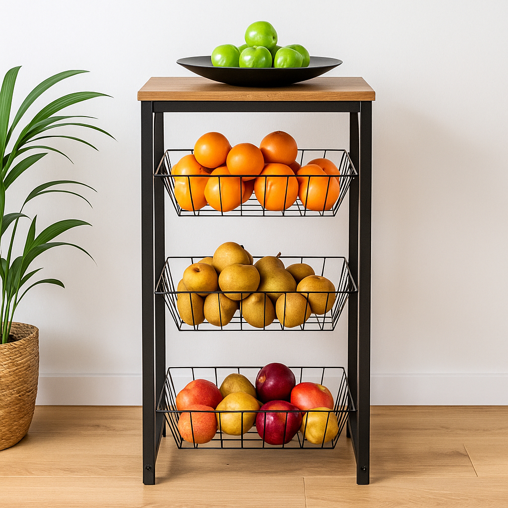 Fruteira de Chão Amadeirado Cestos Removíveis Suporta 50Kg Preto Fosco Aço