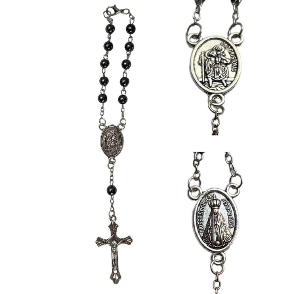 Kit 5 Dezenas / Terço Para Carro De Pedra Hamatita Medalha São Cristovão E Nossa Senhora Aparecida Para Retovisor 18cm