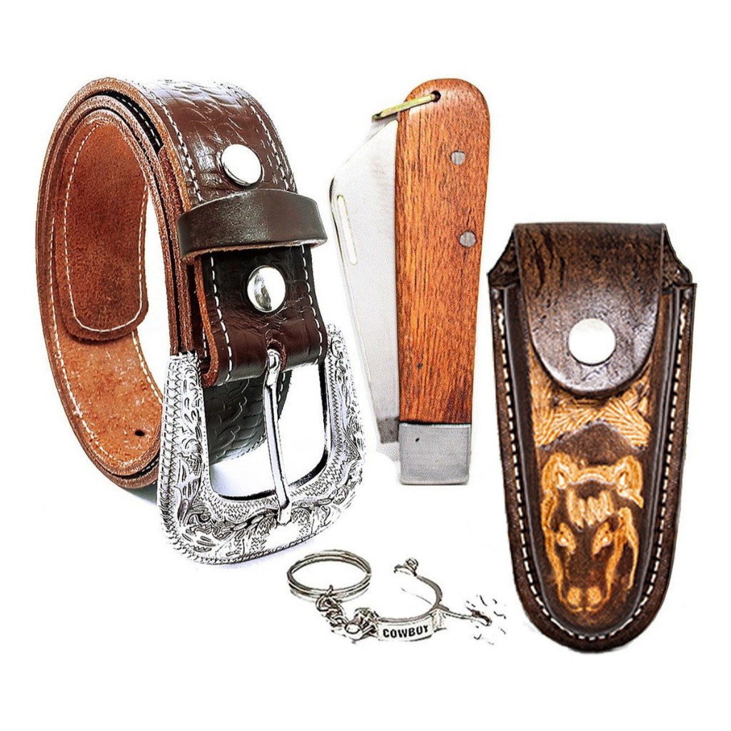 Kit Adulto Cinto De Couro Legítimo + Bainha Country C/ Canivete