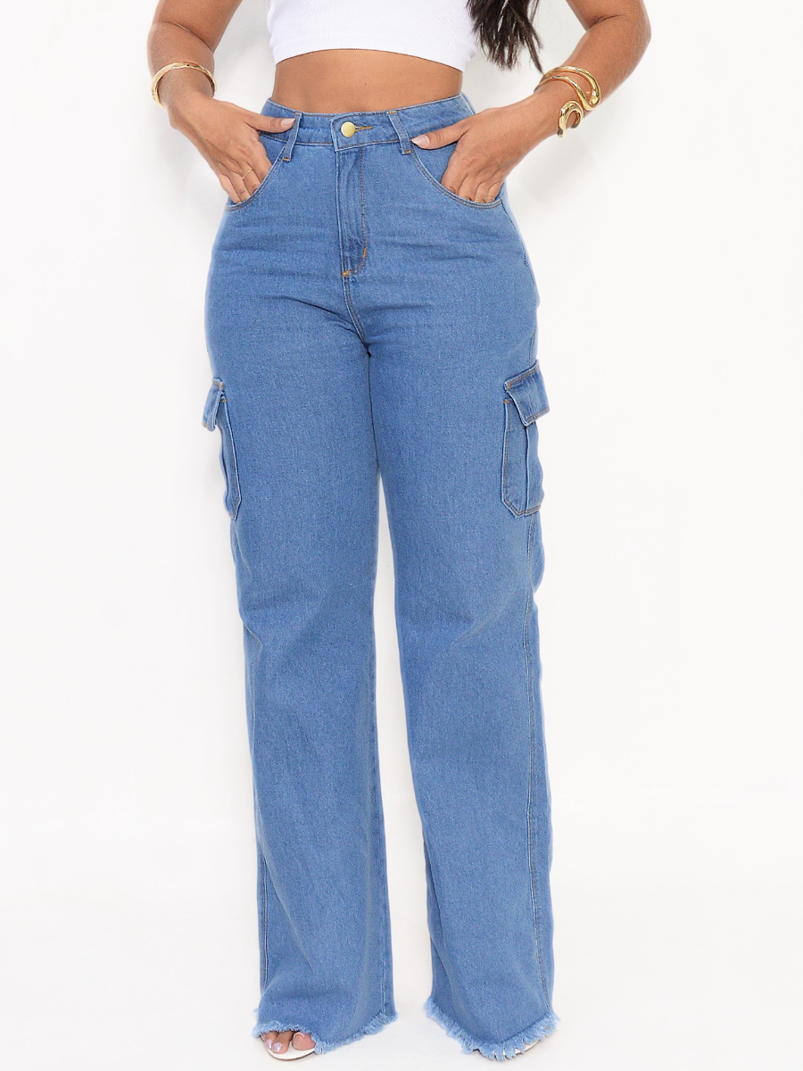 Calça Jeans Cargo Feminina Cintura Alta Levanta Bumbum
