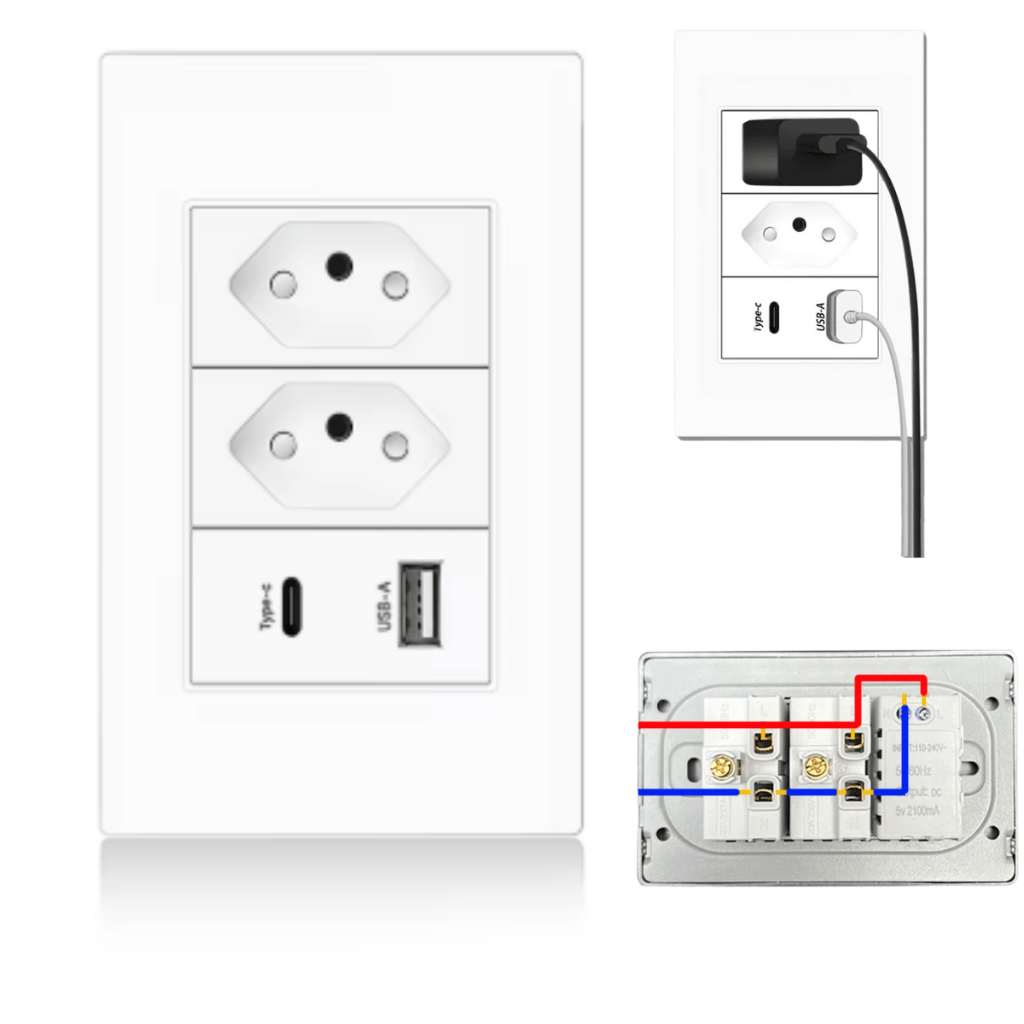 Tomada de Parede Dupla Com Entrada Usb e tipo C 5V Bivolt 4/1 Carregamento Rápido Multi Carregamento em Oferta na Shopee
