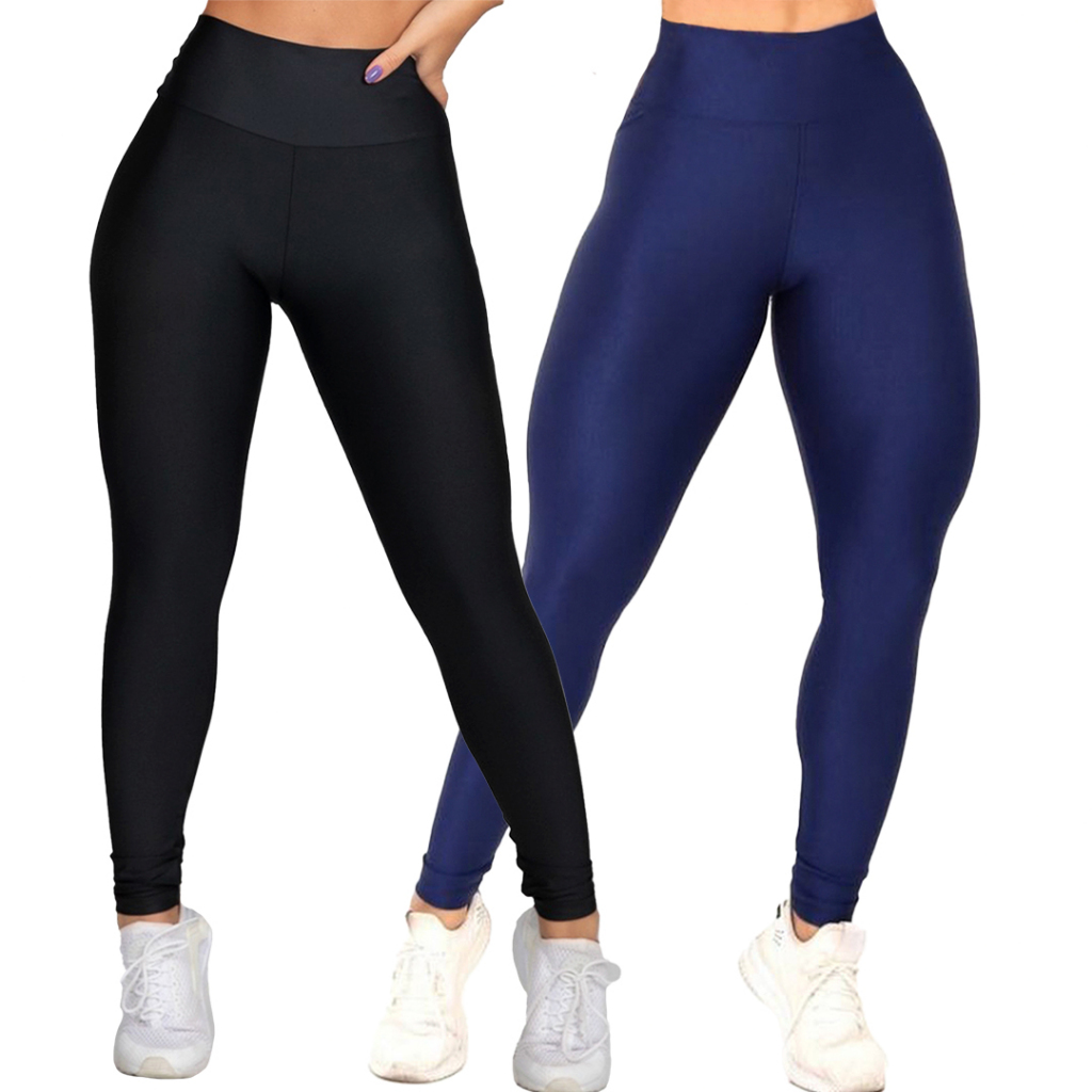 Kit 2 Calças Legging Feminina Suplex Empina Bumbum Lisa Cintura Alta Zero Transparência Marca Bombey