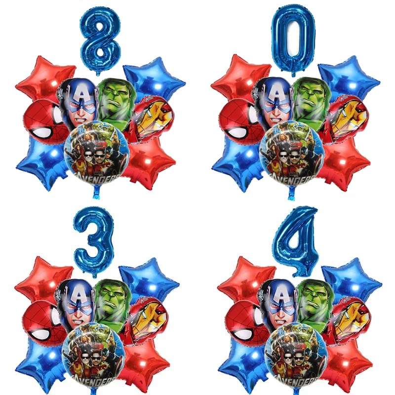 Kit 10 Balão Vingadores + Número Balões Metalizados Marvel Capitão América, Homem Aranha, Homem de Ferro, Hulk