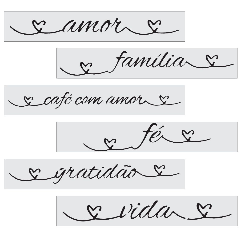 CUTKM-0002 - Kit 6 Stencils Pintura Palavras Coração 5x30cm Mylar 190 Micras Branco Leitoso