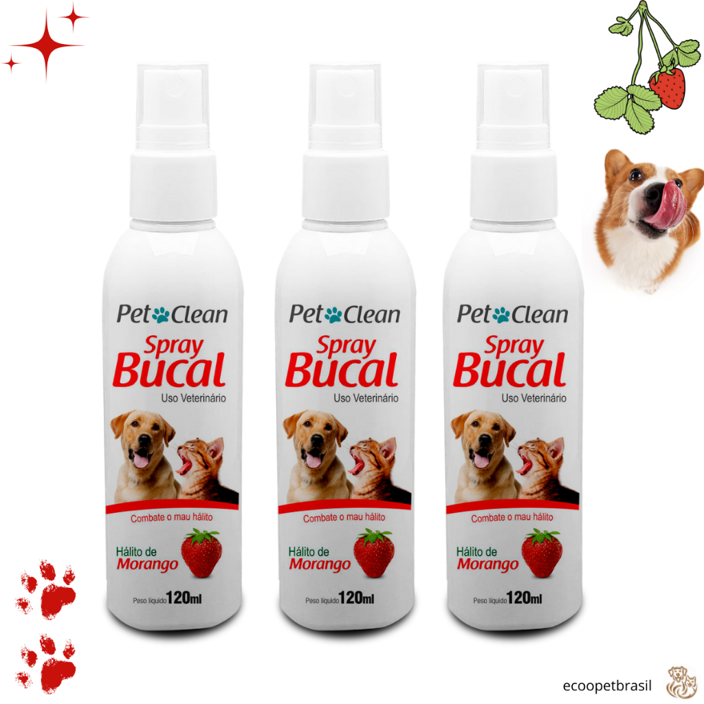 Spray Bucal para Cachorro e Gato Pet Clean - Sabor Morango - 120 ml (cada) Hálito Fresco
