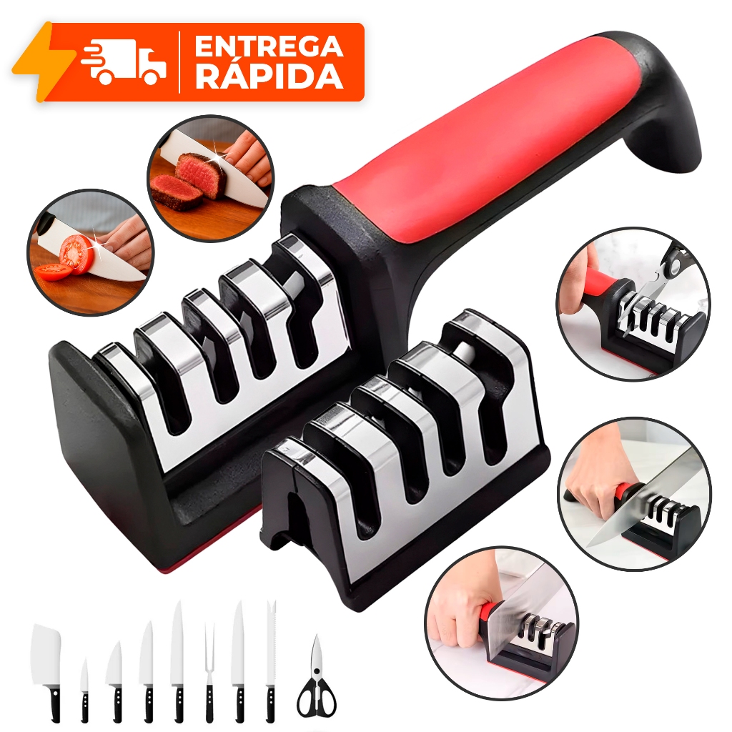 Imagem Kit 2 Afiador Amolador 4 em 1 Inox Profissional Cozinha Faca Churrasco Tesoura Alicate Canivete