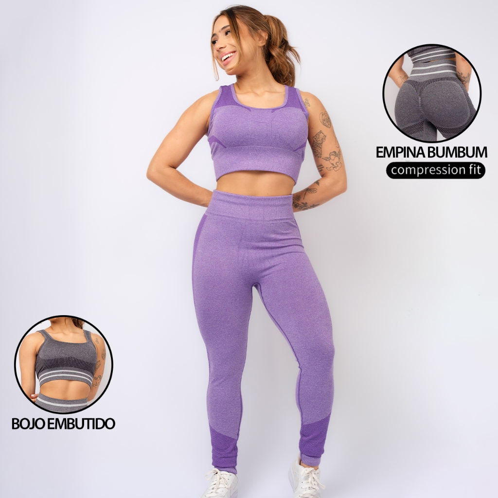 Conjunto FItness Sem Costura Top Bojo Embutido Calça Legging Cintura Alta Levanta Bumbum Laser