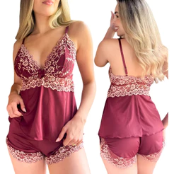 Baby Doll com Renda Bicolor Pijama em Suede Blusa e Short Confortavel e Fresquinho