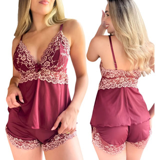 Baby Doll com Renda Bicolor Pijama em Suede Blusa e Short Confortavel e Fresquinho