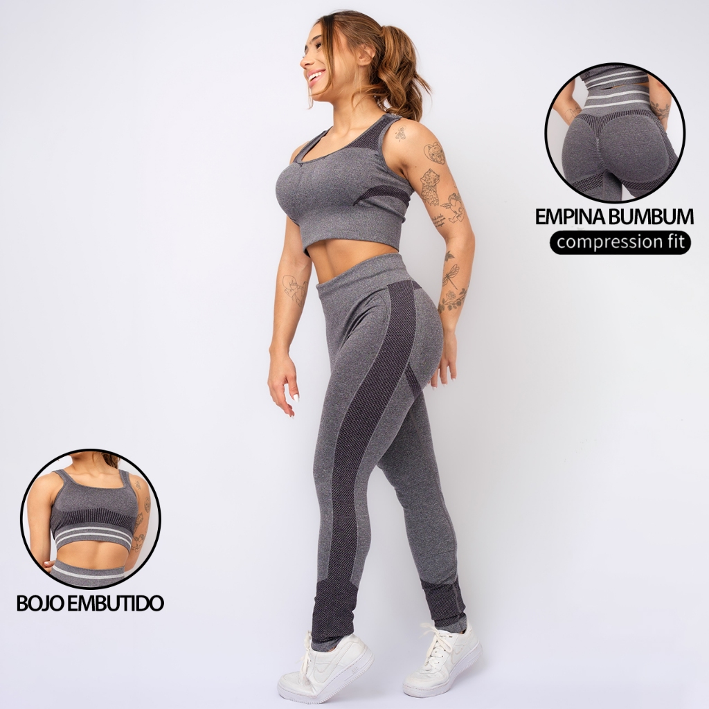 Conjunto FItness Sem Costura Top Sustentação Bojo Embutido Calça Cintura Alta Levanta Bumbum Laser em Oferta na Shopee