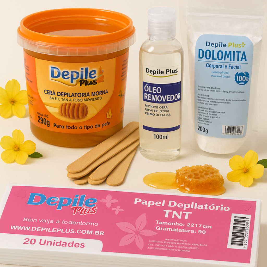 Kit Completo Pré e Pós-Depilatório Profissional  com Cera 290g, 15 Espátulas, 20 Papéis, Óleo 100ml e Talco 200g